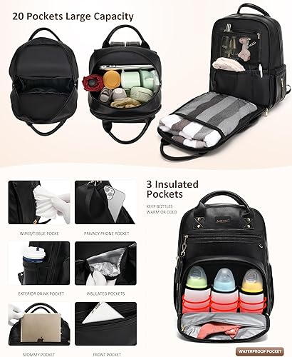 Premium Vegan Leather Diaper Bag Backpack with Waterproof Changing Pad, Reinforced Zippers & Odor-Free, 20 Pockets Pro Organizer, Fits 15.6' Laptop, Stroller Straps, Baby Bag for Mom, Brown - Jamouz