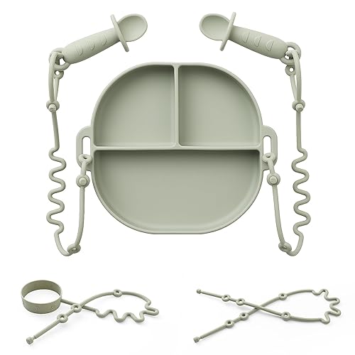 Andy Bear Silicone Plates for Babies with Suction Divided Baby Spoons Silicone Baby Toy Straps All-in-one Plates Silicone Placemat for Babies Toddlers Attachable Tethers & Built-in Suction Cups-Sage - Jamouz