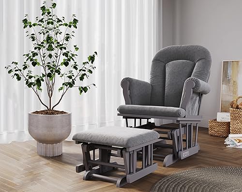 Child Craft Cozy Glider Rocker and Ottoman Set, Padded Cushion with Convenient Storage Pockets, Solid Wood Base & Frame (Matte White with Light Gray Cushion) - Jamouz