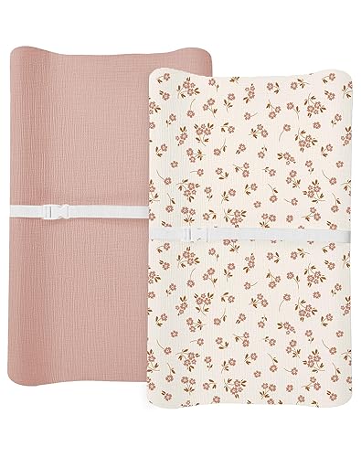 Changing Pad Cover for Baby Boy Girl 2 Pack, Muslin Changing Table Pad Covers with Boho Style, Neutral Nursery Bedding Essentials Soft and Breathable(Dusty Rose & Flower-A) - Jamouz