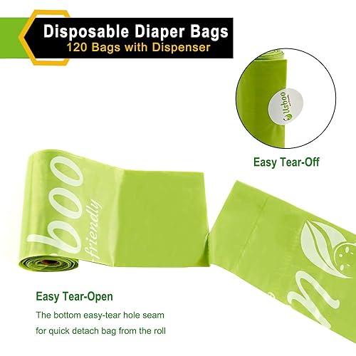 Baby Disposable Diaper Bags, Waste Bags 8 Refill Rolls/120 Bags with Dispenser, Convenient and Quick Diaper Disposal, Unscented - Jamouz