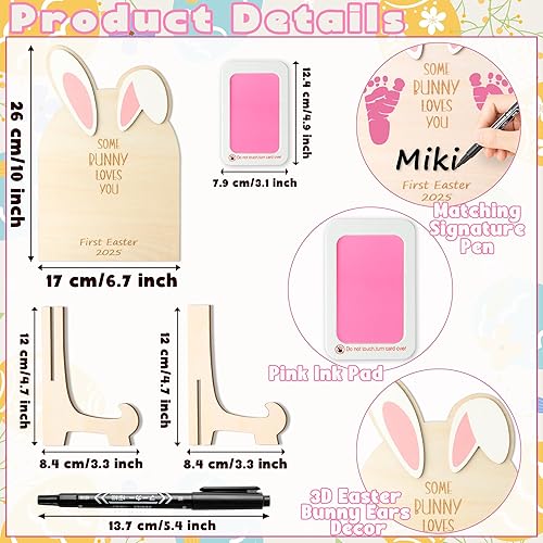 R HORSE Baby DIY Easter Footprint or Handprint Art Sign with Ink Pad, 3D Newborn Bunny Wooden Milestone with Marker Pen, Baby 1st Easter Keepsake Craft Gift Nursery Decor Photo Props for Baby Shower - Jamouz