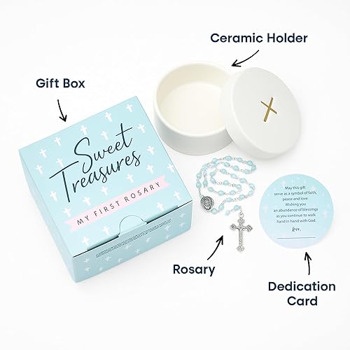 Sweet Treasures Gift – Baptism Gifts for Boys, First Rosary with Ceramic Keepsake Box and Card, Catholic Communion Gift, Christening and Baby Shower Rosary Beads, Blue - Jamouz