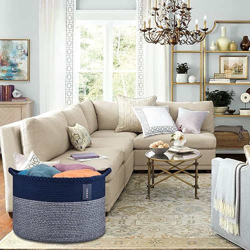 COMSE Extra Large Blanket Basket, Storage Basket, Laundry Basket, 21.7”x 13.8”, Laundry Hamper, Cotton Rope Basket, Blanket Basket Living Room, Toy Basket (White & Cadet Blue & Navy Blue) - Jamouz