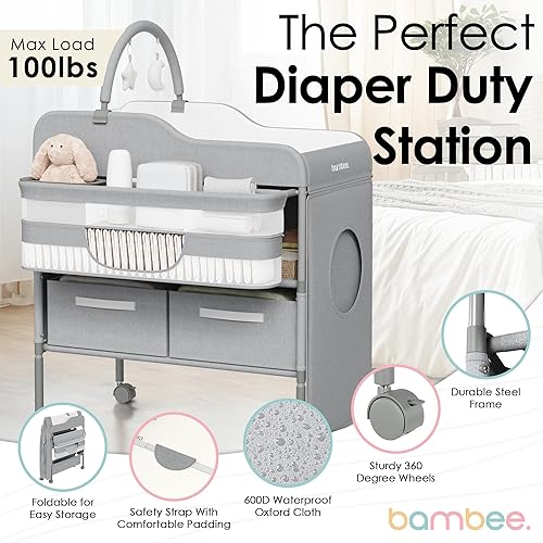 Portable Baby Changing Table with Wheels - Modern Dresser Changing Tables w/Hanging Toys, Laundry Bag, Changing Table Organizer Boxes - Folding Waterproof Baby Diaper Changing Station for Nursery - Jamouz