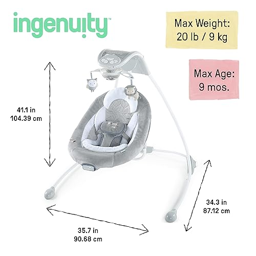 Ingenuity InLighten 5-Speed Baby Swing - Swivel Infant Seat, 5 Point Safety Harness, Nature Sounds, Lights - Nally Owl - Jamouz