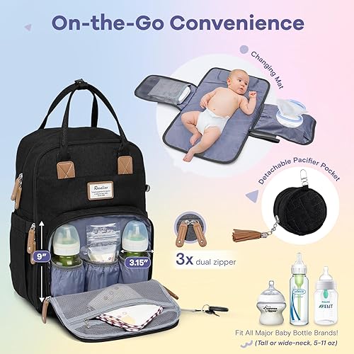 RUVALINO Diaper Bag Backpack, Multifunction Travel Pack Maternity Baby Changing Bags, Large Capacity, Waterproof, Black - Jamouz