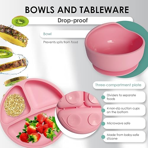 Bluet B- Silicone Baby Feeding Set - Baby Led Weaning Supplies - Baby Spoons, Suction Bowl - Plate - Baby Utensils Set - Silicone Feeding Set for Baby First Foods, Infant Eating - 8pcs - Purple - Jamouz