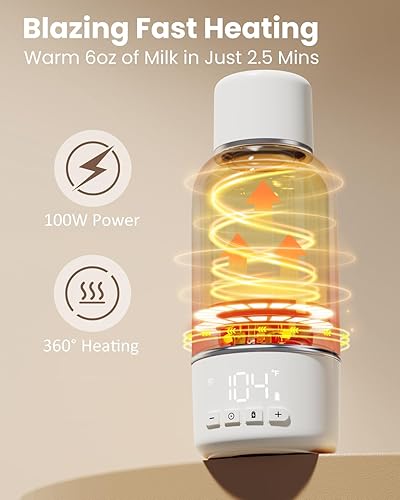 Portable Bottle Warmer for Travel, 2.5 Min Fast Heating for Breast Milk and Formula, Portable Milk Warmer with 10400mAh Long Battery, 17oz Large Capacity, Fast Charging Baby Bottle Warmer - Jamouz