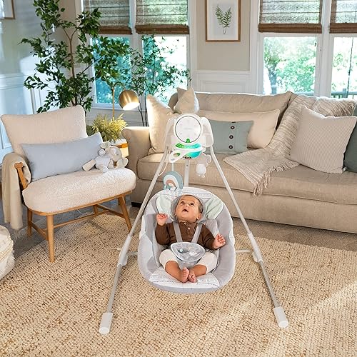Ingenuity InLighten 5-Speed Baby Swing - Swivel Infant Seat, 5 Point Safety Harness, Nature Sounds, Lights - Nally Owl - Jamouz