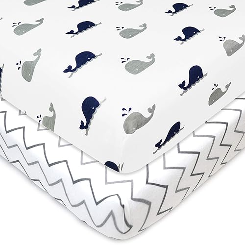 TL Care 2 Pack Fitted Pack N Play Playard Sheet 27' x 39', Soft Breathable Neutral 100% Cotton Jersey Pack and Play Sheet, Gray Star/Gray Zigzag, for Boys and Girls, Fits Most Mini Crib - Jamouz