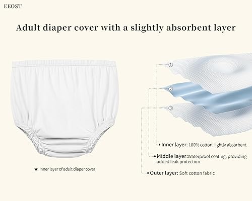 Adult Diaper Cover Silent Waterproof Plastic Rubber Pants for Incontinence Leak Protection with Light Absorbent Layer (White, M) - Jamouz