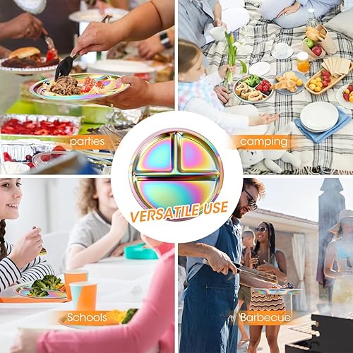 AIEVE Stainless Steel Kids Plates, 4 Pack Round Divided Toddler Plates, Portion Control Plate 9 Inch - Jamouz