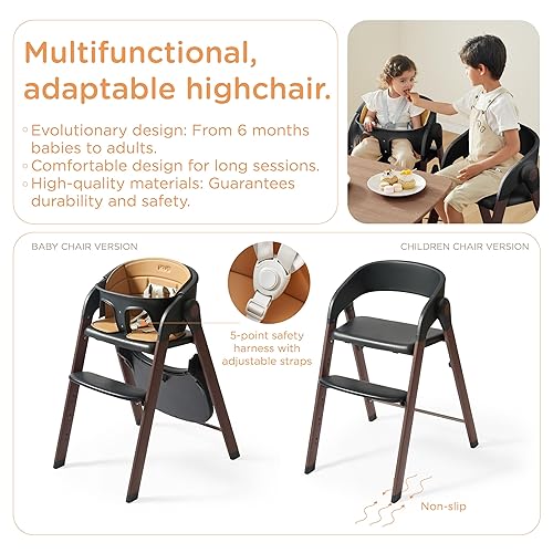 High Chair for Babies and Toddlers Adjustable Foldable Convertible 5 Point Harness Easy Clean Wood-Printed Metal with Removable Tray Baby Highchair for Family (White&Natural Wood-Printed Metal) - Jamouz