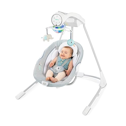Ingenuity InLighten 5-Speed Baby Swing - Swivel Infant Seat, 5 Point Safety Harness, Nature Sounds, Lights - Nally Owl - Jamouz