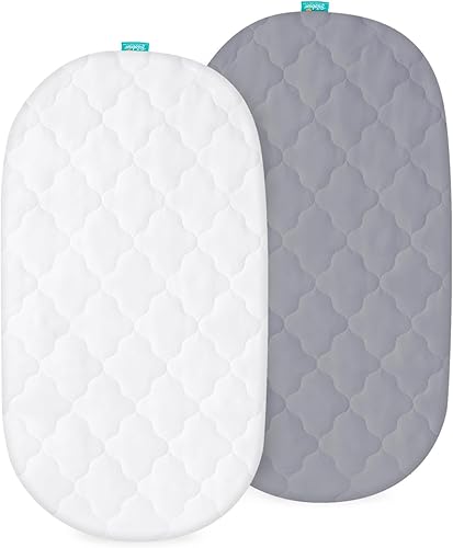 Bassinet Mattress Pad Cover Waterproof, Quilted Mattress Protector Sheets Fits All Mainstream Bassinet - Rectangle, Oval, Hourglass, 2 Pack, Ultra Soft Breathable, White and Grey - Jamouz