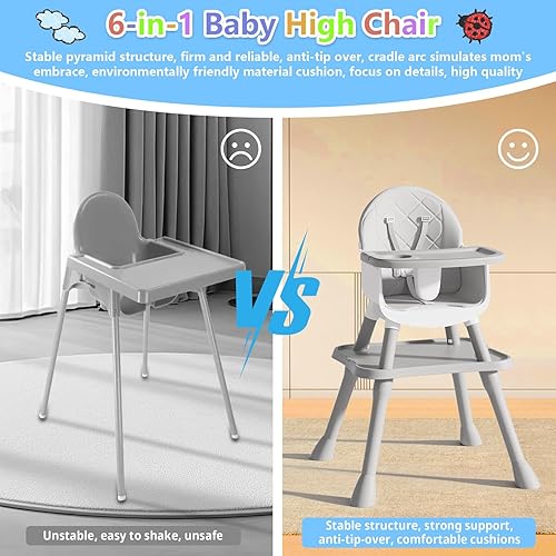 6 in 1 Baby High Chair for Babies and Toddlers, Booster Seat, Kids Learning Table & Chair (Grey) - Jamouz