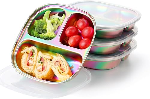 AIEVE Stainless Steel Kids Plates, Pack of 4 Stainless Steel Divided Toddler Plate with Lids - Jamouz