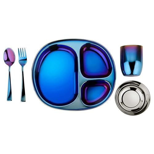 Ahimsa Stainless Steel Kids Dinnerware Set - 5 Piece Stainless Steel Toddler Plates and Bowls Set, Pediatrician Designed, Non Toxic Toddler Plate and Bowl, Kids Utensils and Cup (Rainbow) - Jamouz