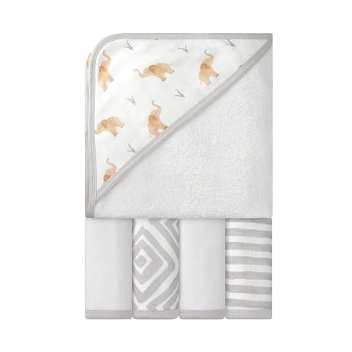 Featherhead™ 5-Piece 100% Cotton Muslin Hooded Bath Towel & Washcloths Unisex Set for Baby Boy & Girl - Ultra Soft and Extra Absorbent - Newborn Essential & Perfect Baby Registry Gift (Grey Elephant) - Jamouz