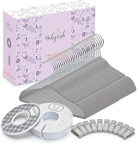 Velvet Baby Hangers 30 Pack, Ultra Thin Nonslip Nursery Clothes Hangers with 8pcs Cute Clothing Dividers and 10pcs Hanger Clips for Kids Baby Boys & Girls Closet Organizer, Grey - Jamouz