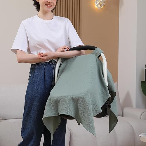 100% Muslin Cotton Car Seat Cover Baby, Carseat Canopy Cover, Universal Fit Stroller Covers for Boys and Girls (Roman Green) - Jamouz