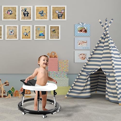 Baby Walker, Foldable 9-Gear Height Adjustable Baby Walker with Wheels, Infant Toddler Walker with Foot Pads, Anti-Fall Baby Walkers and Activity Center Bouncer Combo for Boys and Girls 6-24 Months - Jamouz