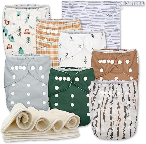 Nora's Nursery Cloth Diapers 7 Pack with 7 Inserts & 1 Wet Bag - Waterproof Cover, Washable, Reusable & One Size Adjustable Pocket Diapers for Newborns and Toddlers - Woodlands - Jamouz