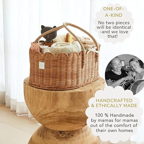 Premium Baby Diaper Caddy Organizer - Handmade & Award-Winning Scalloped Rattan Basket - Luxury Diaper Caddy Basket - Elegant Scalloped Edge (Natural) - Jamouz