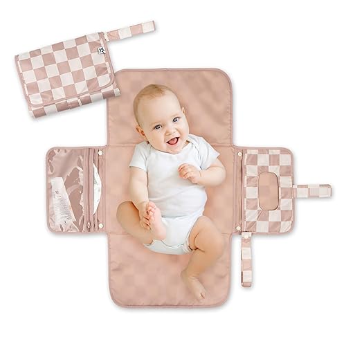 Tiny Twinkle Portable Diaper Changing Pad, Foldable Waterproof Baby Change Pad for Newborn Girl & Boy with Smart Wipes Pocket (Beige Checkers) - Jamouz
