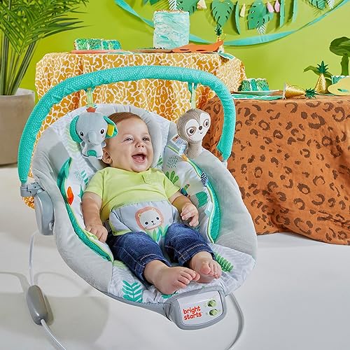 Bright Starts Comfy Baby Bouncer Soothing Vibrations Infant Seat - Taggies, Music, Removable -Toy Bar, 0-6 Months Up to 20 lbs (Whimsical Wild) - Jamouz