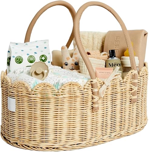 Premium Baby Diaper Caddy Organizer - Handmade & Award-Winning Scalloped Rattan Basket - Luxury Diaper Caddy Basket - Elegant Scalloped Edge (Natural) - Jamouz