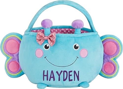 Let's Make Memories Personalized Easter Basket for Kids - Plush Furry Critter - For Boys and Girls - Custom Name - Fillable - With Optional Easter Basket Stuffers - Blue Bunny - Jamouz