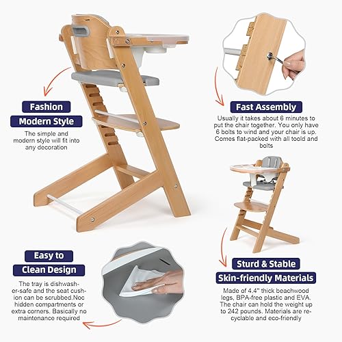 Cowiewie 3-in-1 Convertible Natural Wooden High Chair for Babies & Toddlers 3-Tier Remove & 2 Adjustable Wood Tray & 8 Levels Adjustable, 2 Waterproof Cozy Cushions Grey - Jamouz