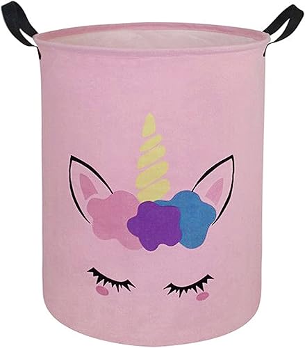 Round Pink Color Unicorn Pattern Laundry Hamper Storage Basket Organizer Hamper Storage Bins for Clothes Toys Box Nursery Hamper Gift Basket with Handles - Jamouz