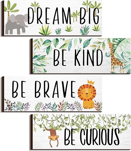 Yookeer 4 Pieces Woodland Nursery Decor Safari wall art Be kind brave curious Cute Jungle Animal Nursery Decor for Bedroom living room home 11x 3.9 Inches(Lively Animals,White Background) - Jamouz