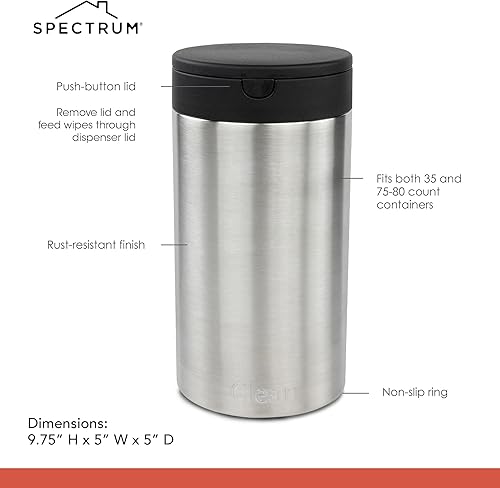 Spectrum Disinfecting Wipes Container with Push Button Lid - Refillable Dispenser for Bathroom, Kitchen, Classroom, Countertop, & Home - Stainless Steel & Rust-Resistant Disinfectant Wipes Holder - Jamouz