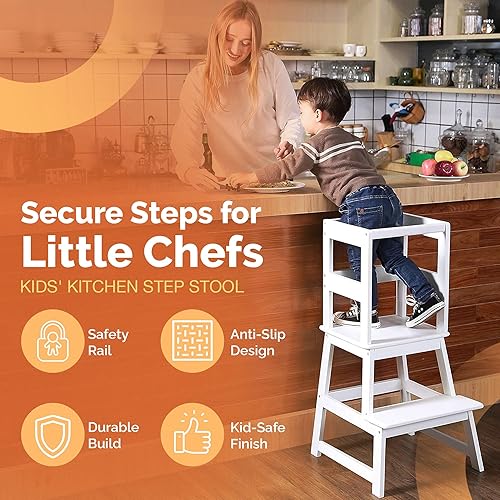 SDADI Kids Kitchen Step Stool Holds up to 150 Pounds with Safety Rail, White - Jamouz