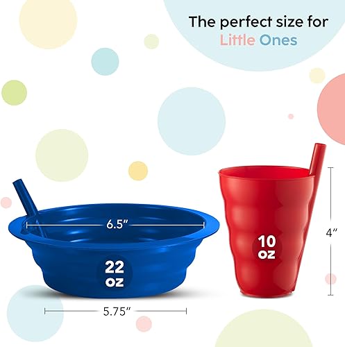 Cereal Bowls with Straws & Kids Straw Cups - Set of 4 Kids Plastic Bowls with Straws & 4 Straw Cups for Kids BPA Free Dishwasher Safe Kids Bowls with Built-In Straw Include 3 Cleaning Brushes - Jamouz