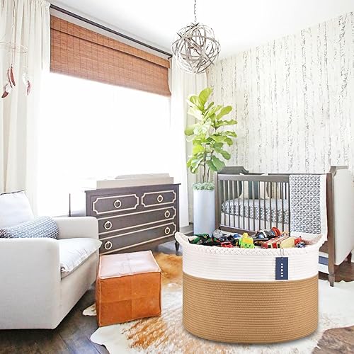 COMSE Extra Large Blanket Basket, Storage Basket, Laundry Basket, 21.7”x 13.8”, Laundry Hamper, Cotton Rope Basket, Blanket Basket Living Room, Toy Basket (White & Cadet Blue & Navy Blue) - Jamouz