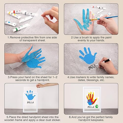 Family Handprint Kit, DIY Craft Keepsake Frame, Baby Hand Print Kits, Family Gifts for New Mom, New Parents, Grandparents, Father's Day, Mother's Day, Anniversary, 6 Non -Toxic Paints (White) - Jamouz