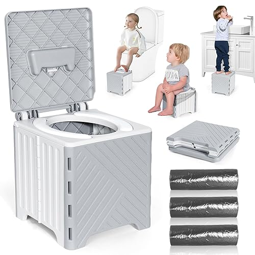 Orzbow Portable Potty for Toddler Travel, Foldable Car Potty with Storage Bag for Kids Boys Girls, 3-in-1 Potty Training Toilet, Potty Seat Chair, Step Stool, Includes Disposable Potty Bags, Grey - Jamouz