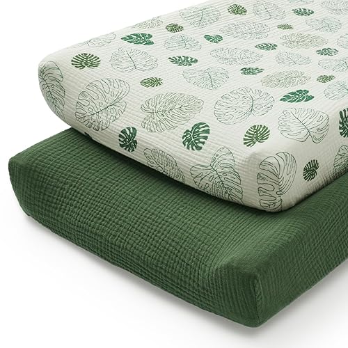 Blissful Diary Muslin Changing Pad Cover for Girls Boys, Ultra Soft Breathable Cotton, Baby Diaper Change Table Pad Covers, 2Pack (Roman Green&Leaf) - Jamouz