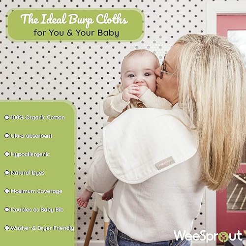 WeeSprout Unisex Organic Towel Cotton Burp Cloths, Set of 4, Four Ultra-Absorbent Layers Keep Clothes Dry, Button Transforms into Baby Bib, Machine Washable & Dryer Safe (Neutral Set, Full) - Jamouz