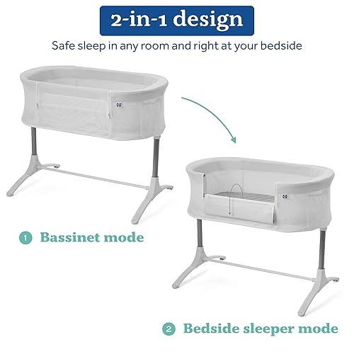 SEALY BABY Airy Dreams Breathable Bassinet & Bedside Sleeper Bed, 2 in 1 Newborn Crib, Safe & Comfortable for Room Sharing, 9 Height Adjustable Settings, Storage Pocket, Drop Down Panel - Jamouz