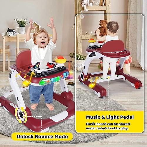 6 in 1 Baby Walker, Baby Activity Center for Toddler, Walker Rocker Bouncer w/Adjustable Height Speed, Learning-Seated & Walk-Behind, Infant Walker w/Feeding Tray & Music Toys, Red - Jamouz