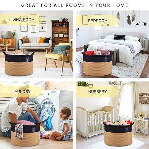 COMSE Extra Large Blanket Basket, Storage Basket, Laundry Basket, 21.7”x 13.8”, Laundry Hamper, Cotton Rope Basket, Blanket Basket Living Room, Toy Basket (White & Cadet Blue & Navy Blue) - Jamouz