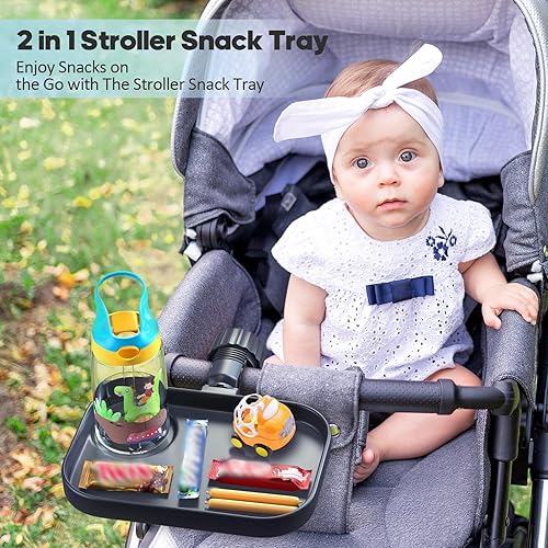 KDD Universal Stroller Snack Tray, 2-in-1 Stroller Tray with Cup Holder, Quick Install Drink Holder Organizer Tray Accessories, Compatible with Shopping Cart Uppababy, Baby Jogger, Britax, BOB - Jamouz
