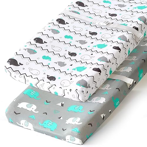 Stretchy Changing Pad Covers for Boys Girls,2 Pack Jersey Knit,Elephant & Whale - Jamouz