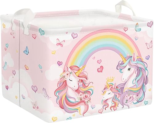 Clastyle 36L Pink Unicorn Rainbow Girls Storage Basket Collapsible Rectangle Clothes ToyBook Shelf Basket for Kid Room Nursery - Jamouz